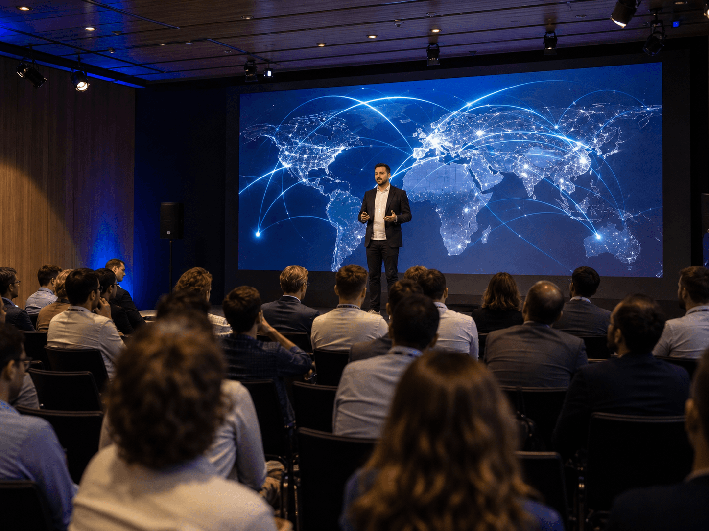 Global AI operations presentation with a worldwide network map