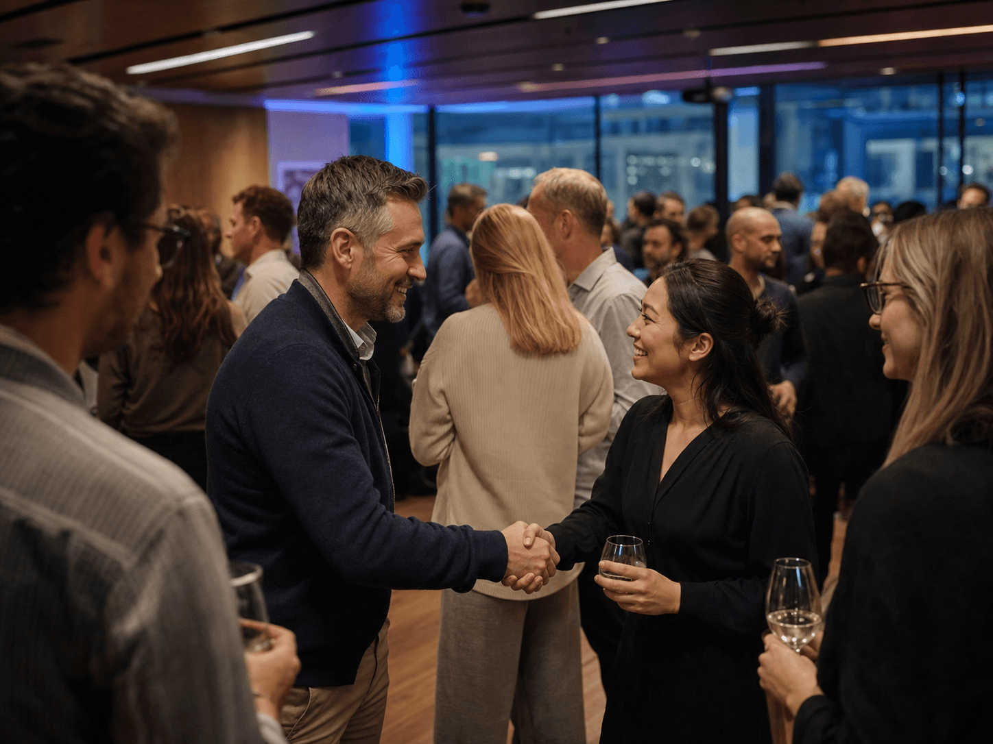 Professionals networking at an international technology event