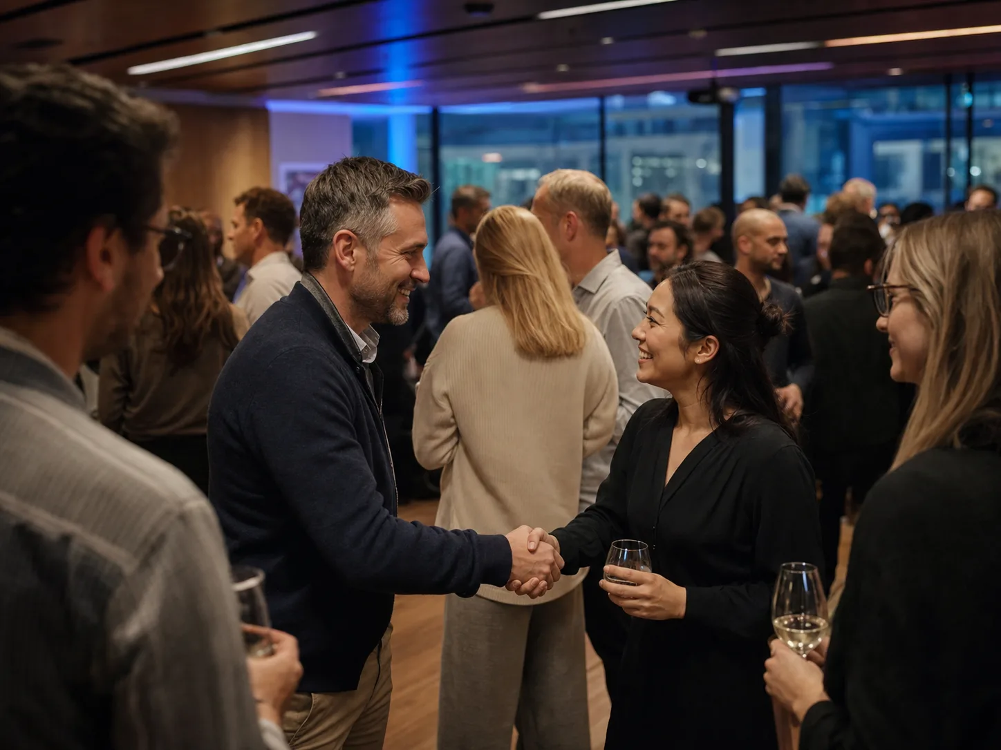 Professionals networking at an international technology event