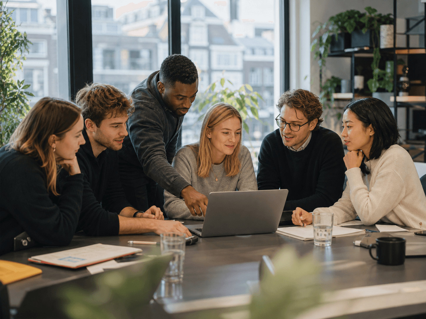 Ainomiq team collaborating in a modern workspace