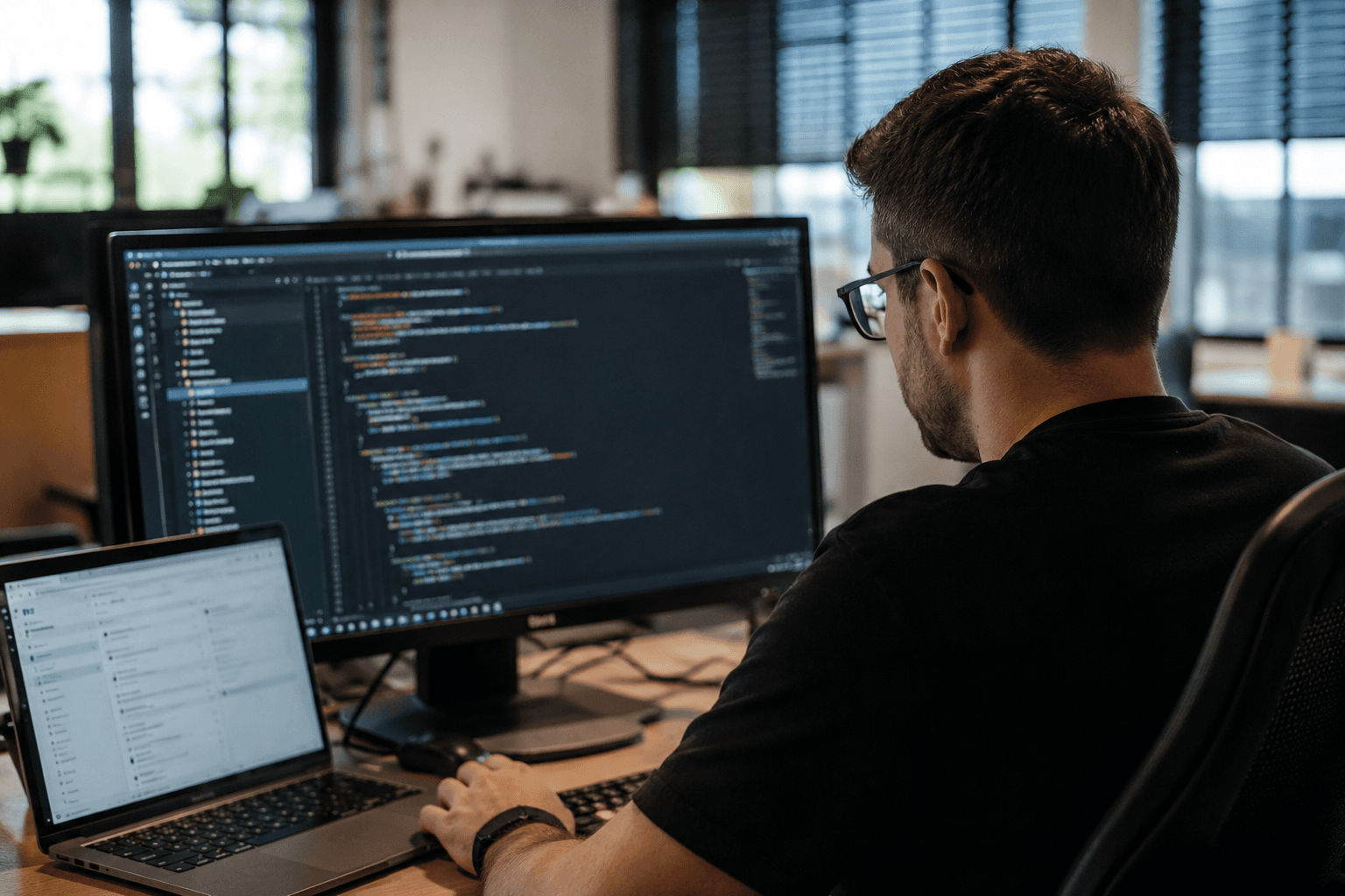 Developer working on custom software at a computer